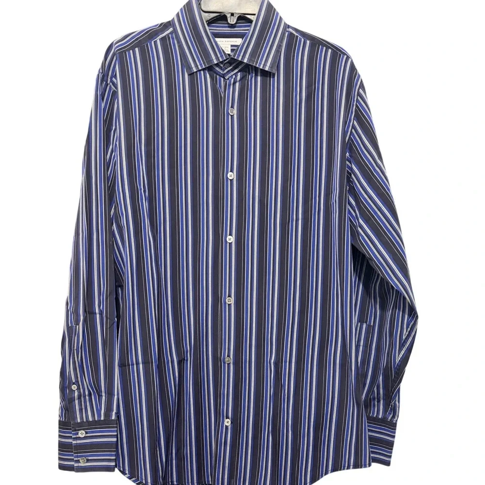 Banana Republic Mens Blue Black White Striped Button Down Shirt Large 16-16.5